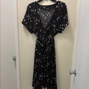 Black Ikat Patterned Faux Wrap Dress